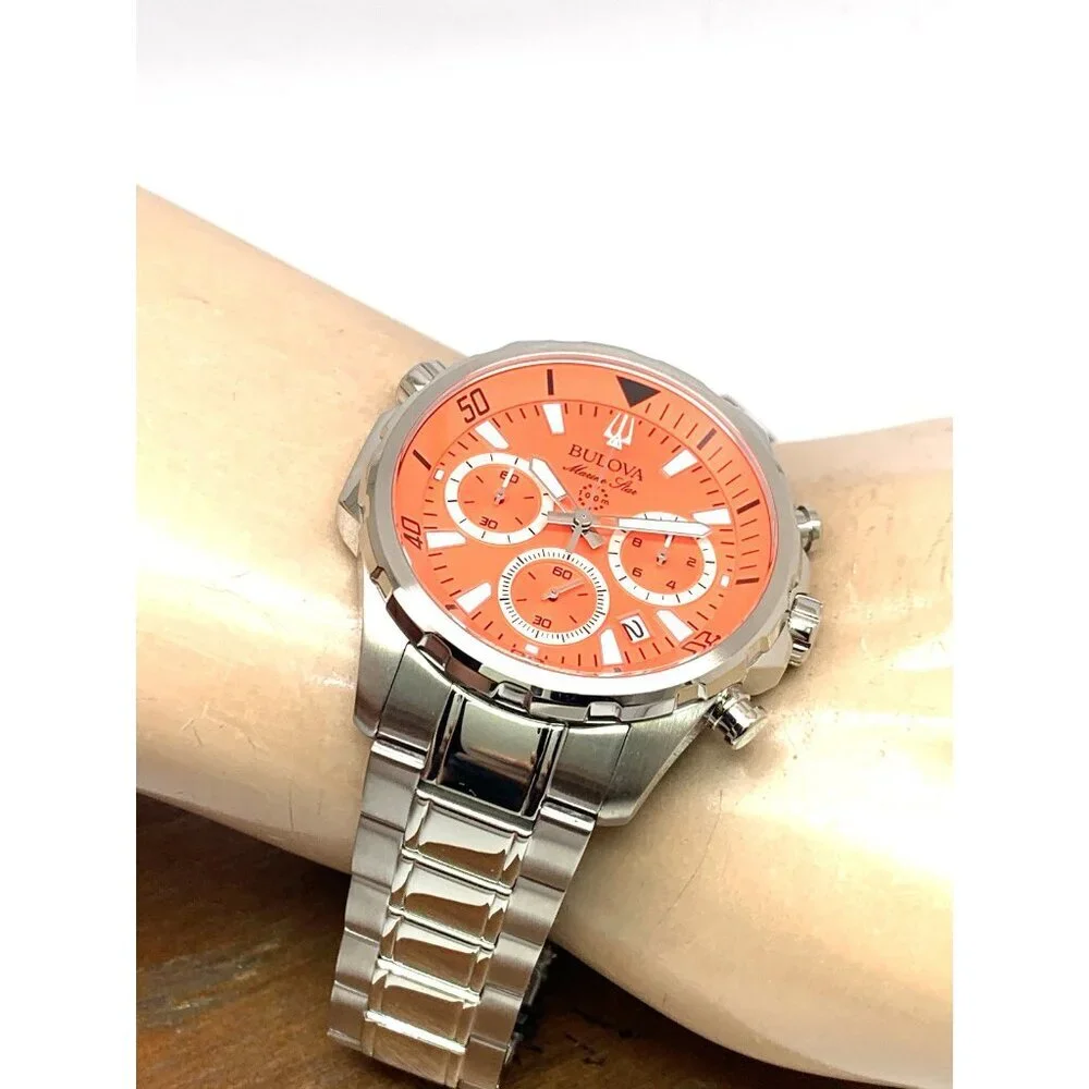 Bulova Men's Watch 96B395 Marine Star Orange Dial Chronograph Silver Steel 43mm